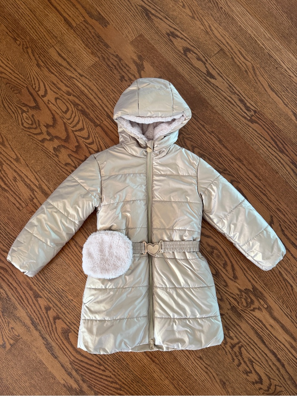 Size 6 Girls Le Chic Metallic Gold Puffer Winter Coat with Furry Belt Bag